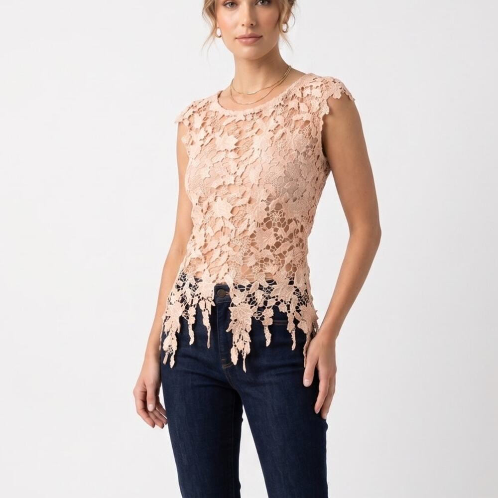 Miss Finch Lace Top Womens S Beige Sheer Floral Lace Crochet Overlay Cap Sleeve